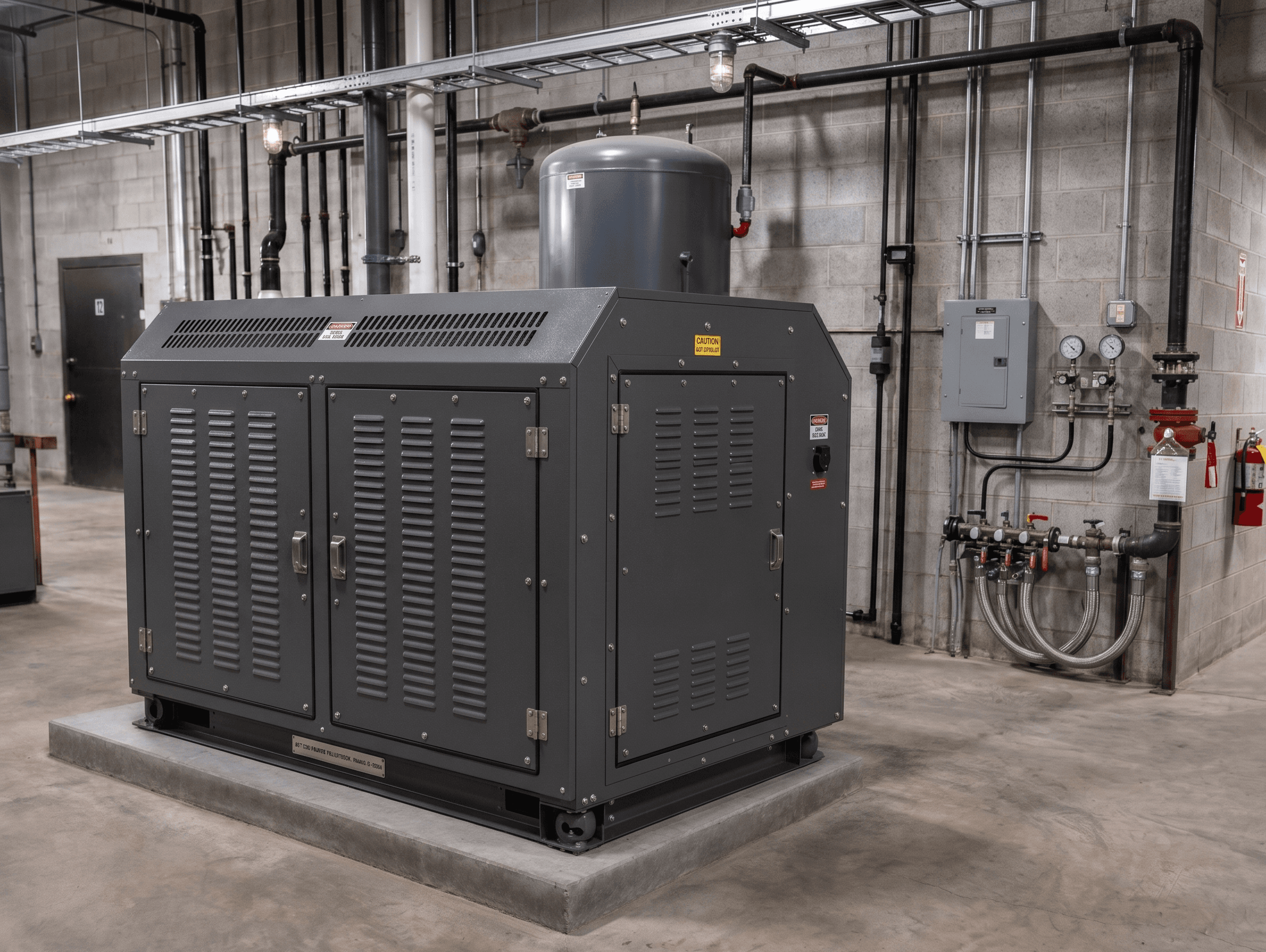 Dark gray fabricated sheet-metal equipment enclosure with vented access panels in an industrial mechanical room