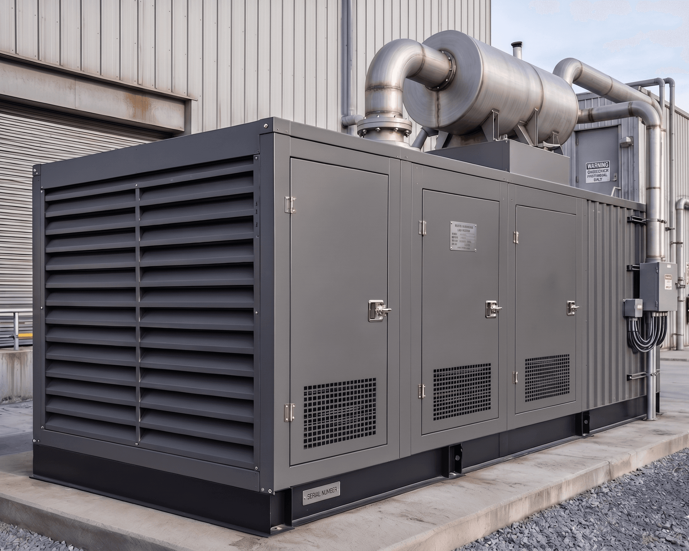 Industrial acoustic enclosure with large louvered panels and exhaust silencer