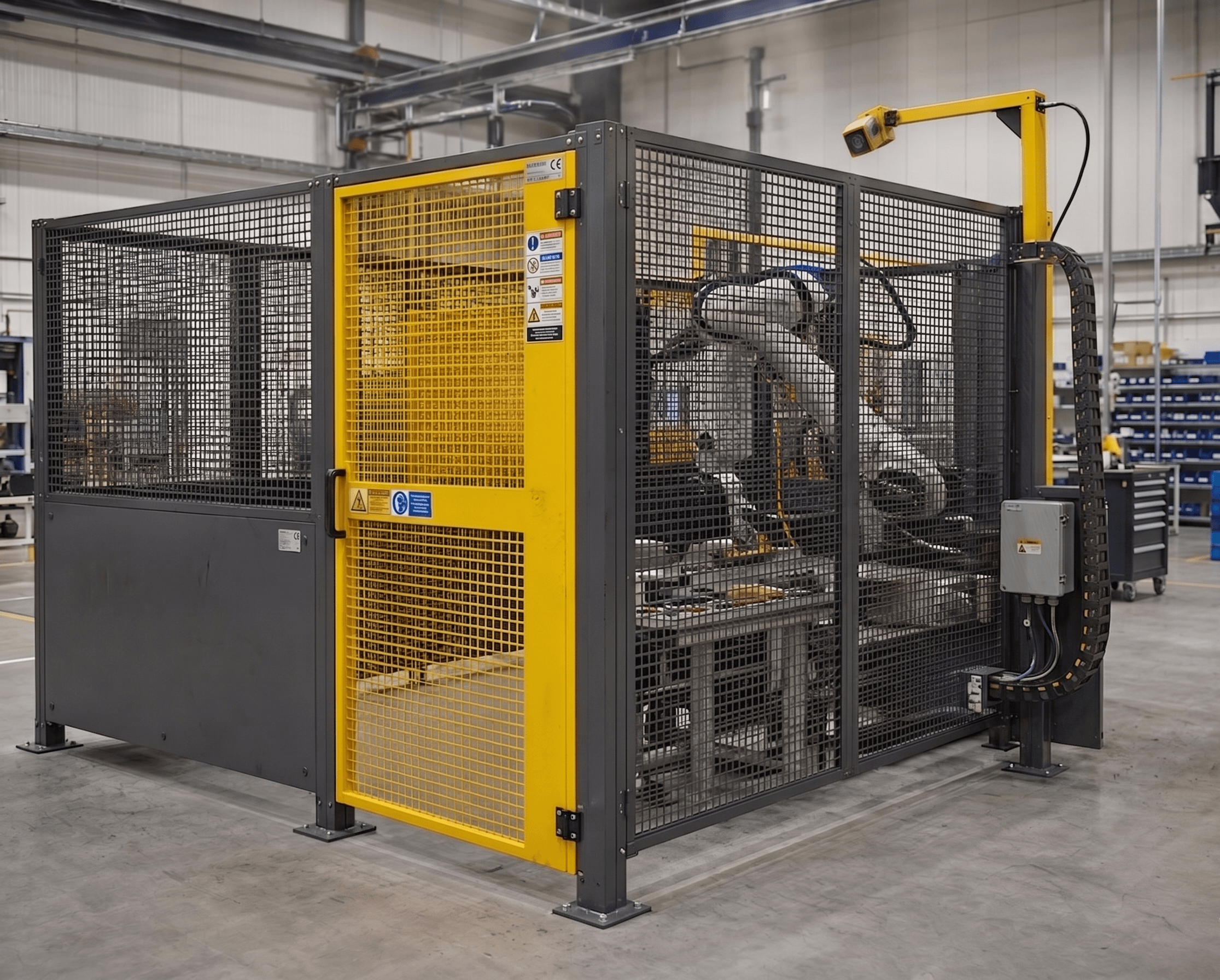 Industrial robot cell with black and yellow safety guarding panels and vision camera support